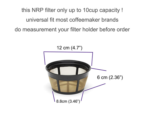 NRP Gold tone Basket Coffee Filter Universal for Mr.Coffee Coffeemaker Cuisinart GTF-B, Hamilton Beach & MORE | Screen Bottom Permanent Filter 8-10 cup